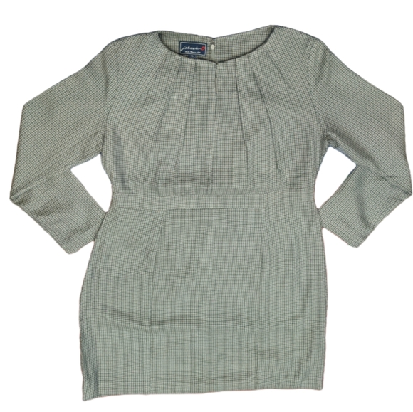 60s-inspired Retro Houndstooth Plaid Grey Long Sleeve Dress Silk/Wool L/XL - Picture 2 of 16